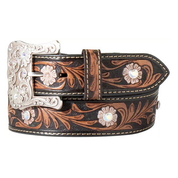 Nocona Western Womens Belt Leather Crystals Floral Brown